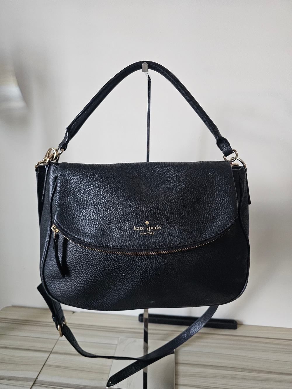 Kate Spade Black Leather Shoulder Bag With Crossbody Strap.